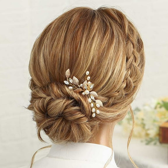 Leaf Bride Wedding Hair Pin Gold Pearl Bridal Hair Piece Rhinestone Hair Accessories for Women and Girls