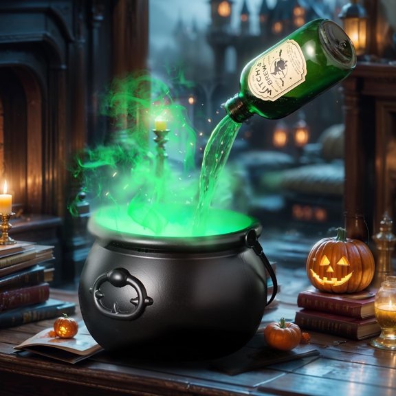 Cauldron Witchcraft,Halloween Decorations Indoor,Cauldron Halloween Decor with Magic Floating Potion Bottles and Diffuser,Black Witches Bowl(Witch Pot Generator 4 Stickers Wine Bottle 15*8in)