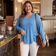 thumbnail image 2 of Blusas de mujer de talla grande Agnes Orinda con mangas largas, cuello en V, sueltas y decoradas con botones, 3X gris azul, 2 of 8