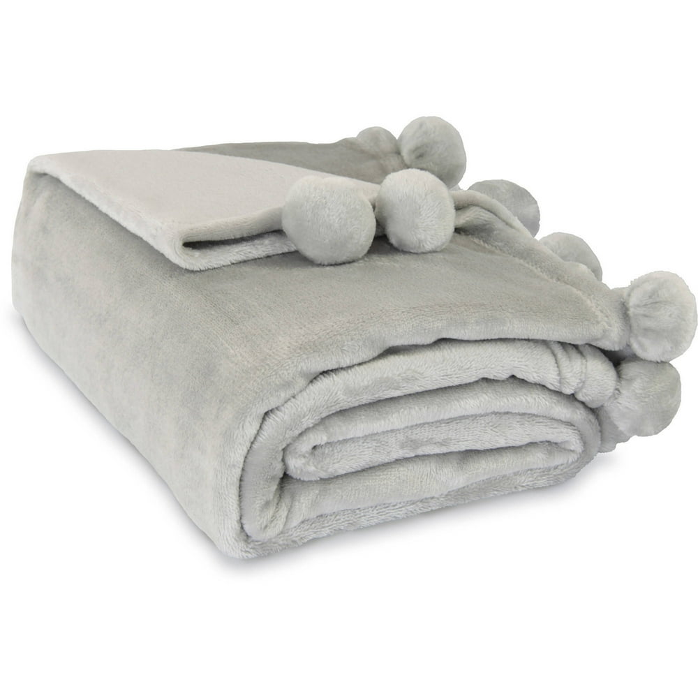 Mainstays Deluxe Plush 50" x 60" Pom Pom Trim Throw Blanket, 1 Each