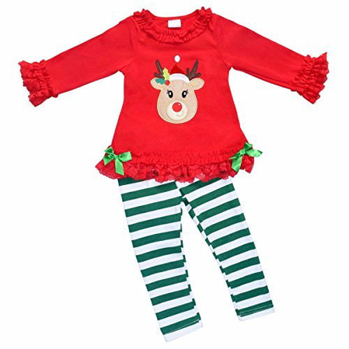 Unique Baby Girls 3 Piece Striped Rudolph Christmas Legging Set Green