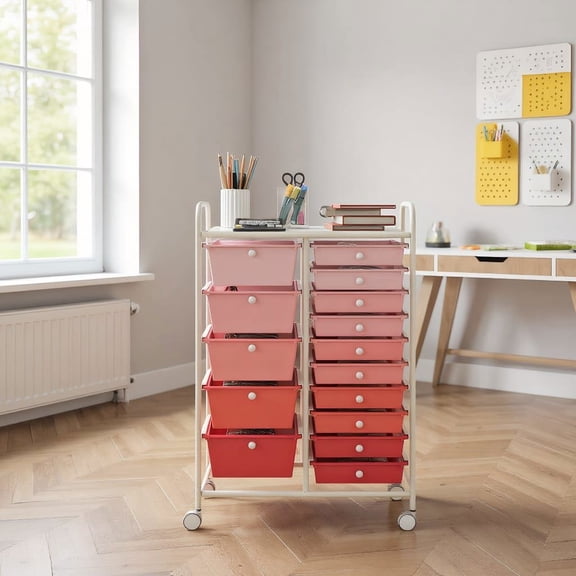 Barara King File Cabinet, Filing Cabinet Organizer,15-Drawer Utility Rolling Organizer Cart Multi-Use Storage-Gradient Pink