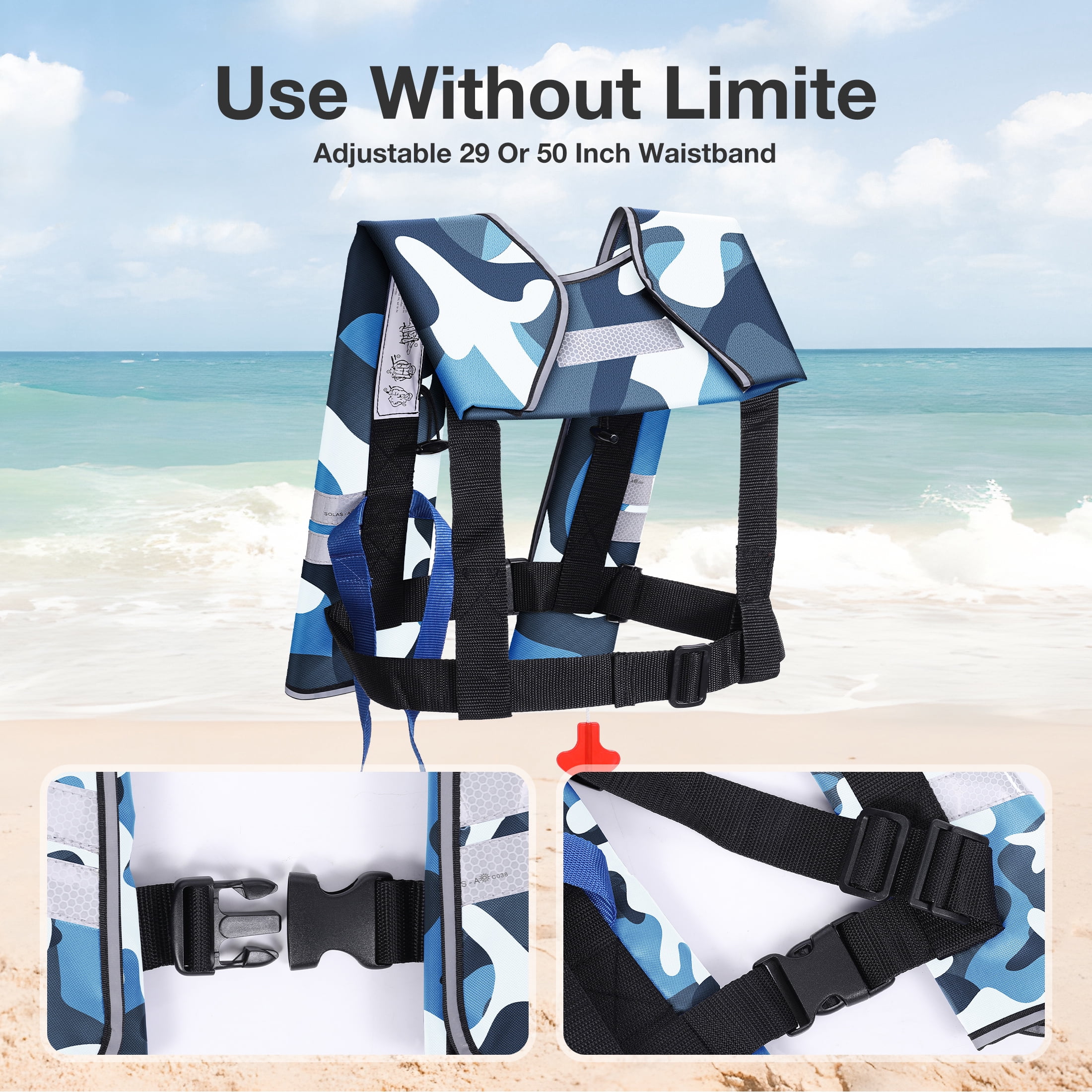 WARMOUNTS Automatic Inflatable Life Jacket w/ 5 Reflectors & Whistle, Adult PFD Survival Buoyancy Vest for Boating Fishing Sailing Kayaking for Men Women Max Waist Size: 50''