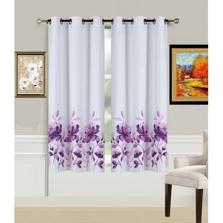 Floral Patterned - 2-Piece FLOWER PURPLE Printed Lined Blackout Grommet Window Curtain Treatment, Set of Two (2) Floral Pattern Room Darkening Panels 37