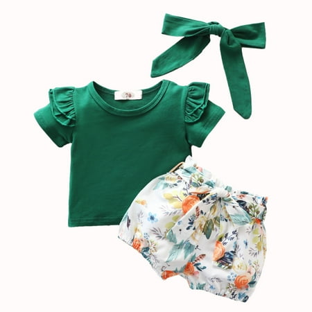 

QWERTYU Toddler Baby Child Children Kids Short Sleeve Summer Outfits Bow T Shirts and Floral Shorts Set Clothing Set Ruffle with Headband for Girl 1-5Y