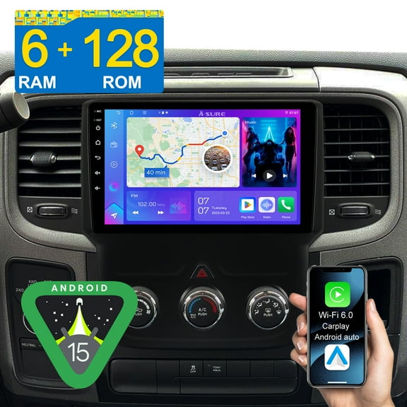 8 Core Android 15 Stereo 6 128GB Car Radio for Dodge Ram 1500/2500/3500 2013-2018 (Manual A/C) with CarPlay/Android Auto/4G LTE/GPS Nav/Wi-Fi/BT 5.4