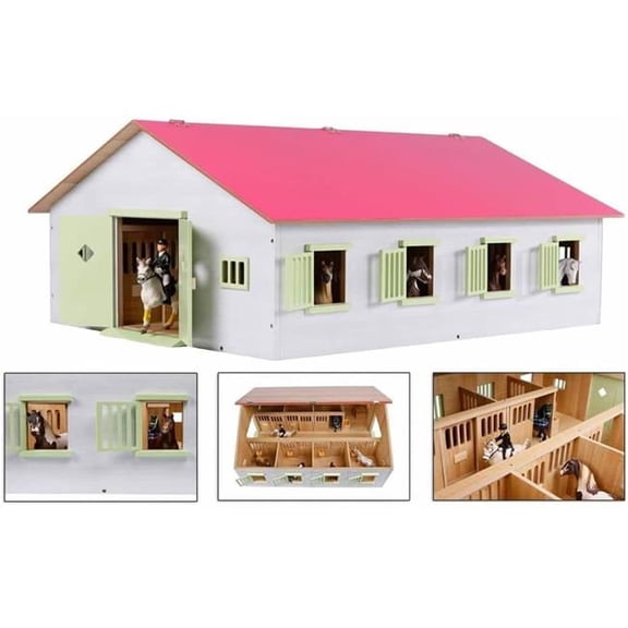 Kids Globe 1:24 Scale Wooden Horse Stable Toy with 7 Stalls, White, Pink & Light Green KG610189