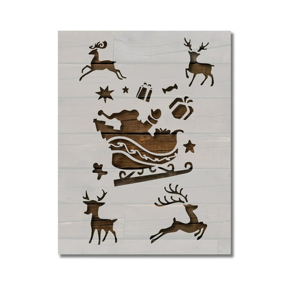 Santa Sleigh Reindeer Gifts Christmas Stencil Template Reusable 8.5 x 11 for Painting on Walls, Wood, Etc. By Stencilville