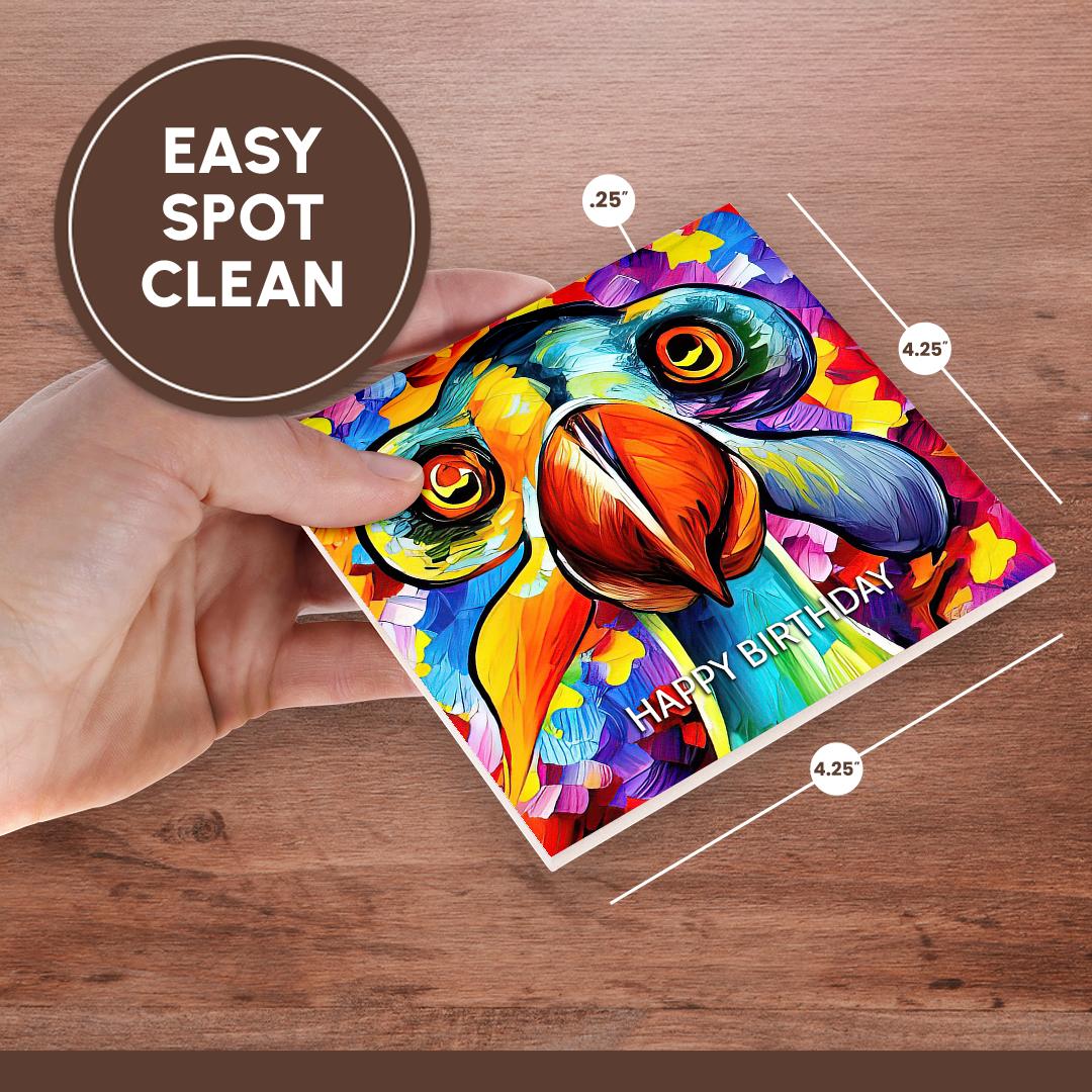 3drose, Happy Birthday. Colorful Dodo Bird Digital Art. Funny Greeting Card, Set of 8 Ceramic Tile Coasters