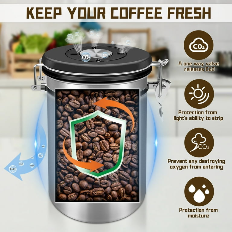 LAYADO 2.8L Airtight Coffee Canister,95OZ Coffee Storage Container  Stainless Steel Air Tight Coffee Jar with Scoop, Date Tracker and CO2  Release Valve for Coffee Beans, Ground, Tea 