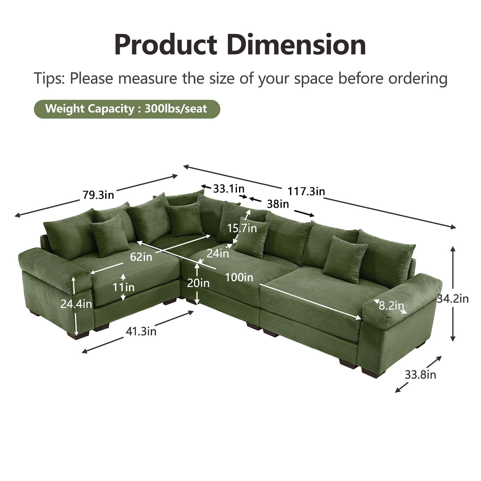 117" Modern Corduroy Sectional Couches for Living Room, Comfortable Corner Couch Sofa, Green 3 Seater Corner Couch for Flexible Layout, Muebles para la Sala, Oversized Sofa Set