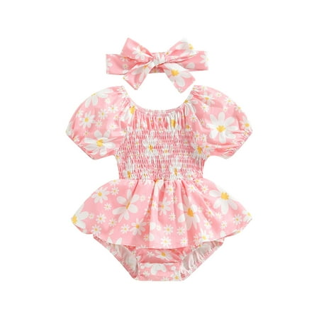 

Baby Girls Short Sleeve Romper Onepiece Off-shoulder Graph Print A-line Dress with Headband