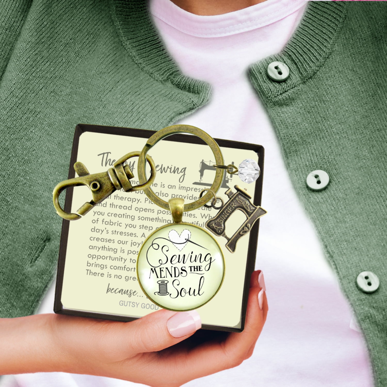 Sewing Keychain Gutsy Goodness Mends the Soul Seamstress Key Ring Bronze Metal Adult Female Jewelry Machine Charm