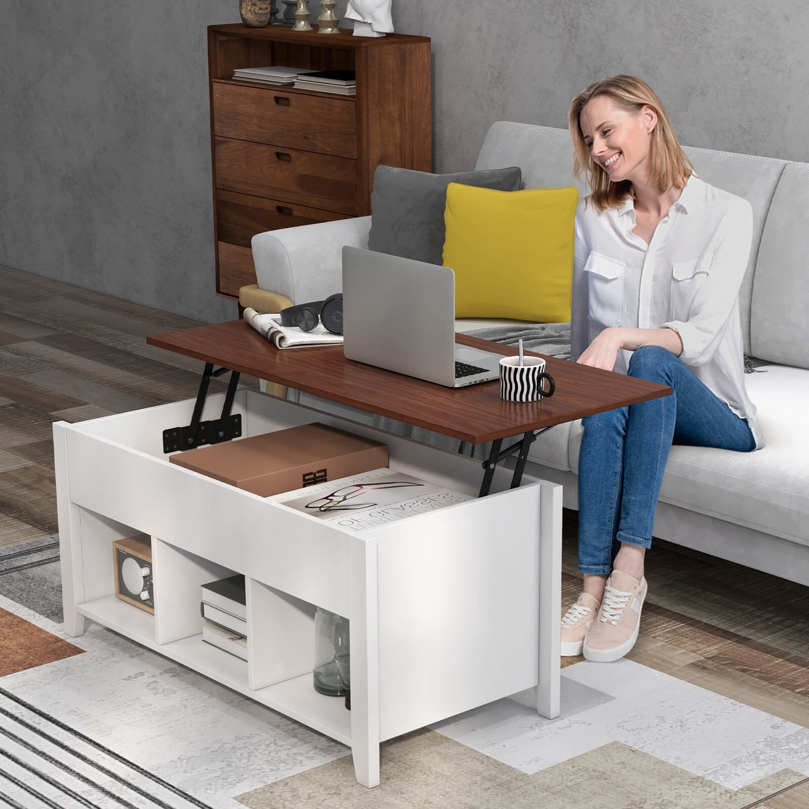 Costway Lift Top Coffee Table w/ Hidden Compartment and Storage Shelves Modern Furniture White