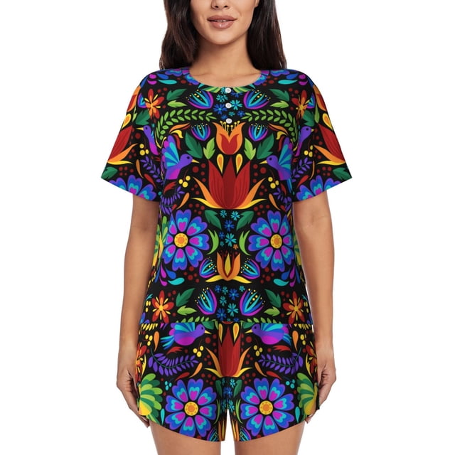 Balery Colorful Floral Conjunto de Pijama para Mujer con Estampado, Dos Piezas de Manga Corta y Shorts, Ropa de Dormir Suave con Cuello Redondo y Bolsillos-Small