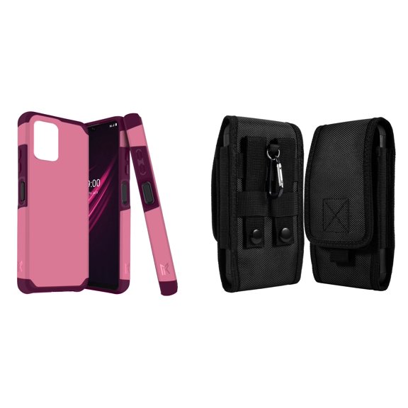 Case and Pouch Bundle for REVVL 6 5G: Dual Layer Slim Case (Pink Wine) and Vertical Rugged Nylon Belt Holster