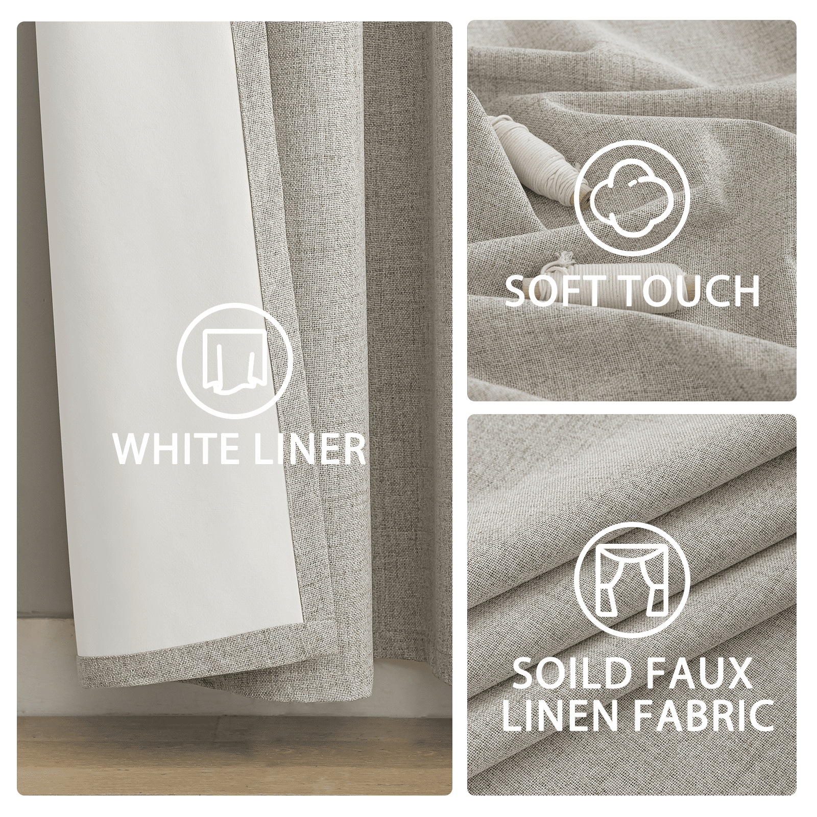 Yakamok 100% Blackout Natural Send Linen Curtains 84 Inches Long for Living Room, Room Darkening Textured Curtains for Bedroom with White Liner 2 Panels