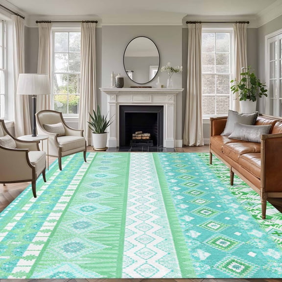 Rectangle Area Rugs 5 x 7 Ft, Teal Green Boho Non-Slip Residential Carpet, Vintage Ethnic Tribe Abstract Art Indoor Crawling Mats Runner Rugs for Living Room/Dining Room/Bedroom