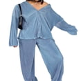 thumbnail image 2 of Ensemble de Pyjama Deux Pièces pour Femmes Couleur Unie Col Rabattu Boutonné Manches Longues + Pantalon Long Taille Élastique, 2 of 4