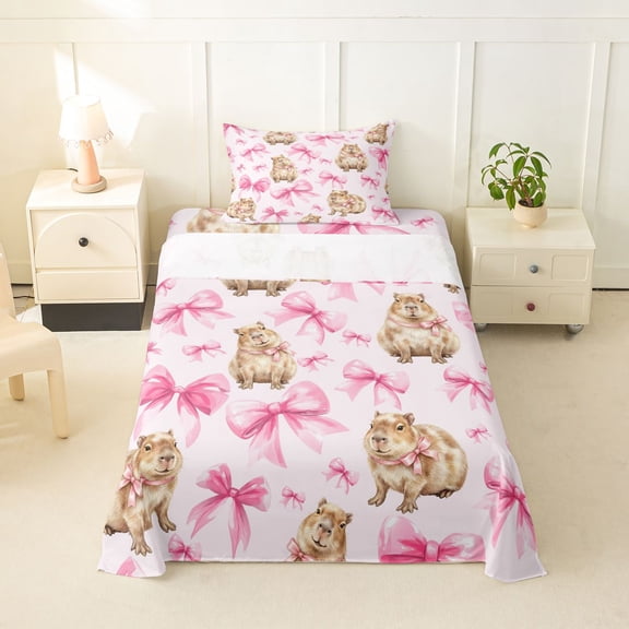 Erosebridal Cartoon Capybara Twin Sheet Sets 3pcs For Kids,Pink Ribbon Bow Tie Bedding For Children Boys Girls,Ultra Soft Home Decor