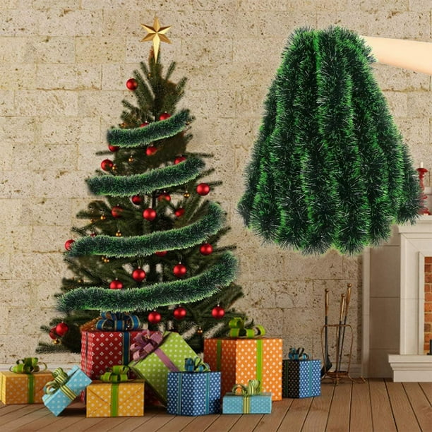 Adornos navideños, guirnaldas navideñas, guirnaldas verdes brillantes para colgar, ideales para decorar fiestas navideñas. Guirnaldas de plástico.