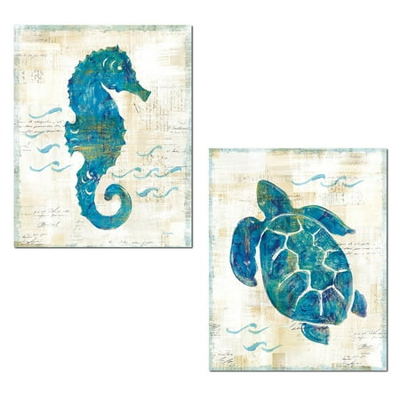 - Lovely Nautical Turquoise and Cream Turtle and Seahorse Ocean Set by Sue Schlabach; Coastal Decor; Two 14x11in Unframed Paper Posters
