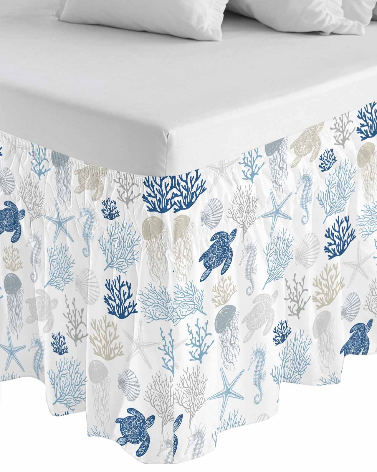 Navy Blue Coastal Bed Skirt Cal King Size, Nautical Summer Beach Coral Sea Turtle Wrap Around Bed Skirting with Adjustable Elastic Strap, Dust Ruffled Pleated Bedskirts 18 Inch Drop for Bedroom Beds