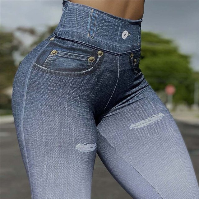 Slim Mujeres Leggings Faux Denim Jeans Cintura Alta Elástico Pantalones De Gimnasio Entrenamiento Trotarpangjing