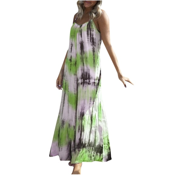 Usmixi Womens Dresses Sleeveless V-Neck Tie-Dye Casual Maxi Summer Dress Beach Vacation Spaghetti Strap Plus Size Long Dresses Green XXXL Up to 65% off