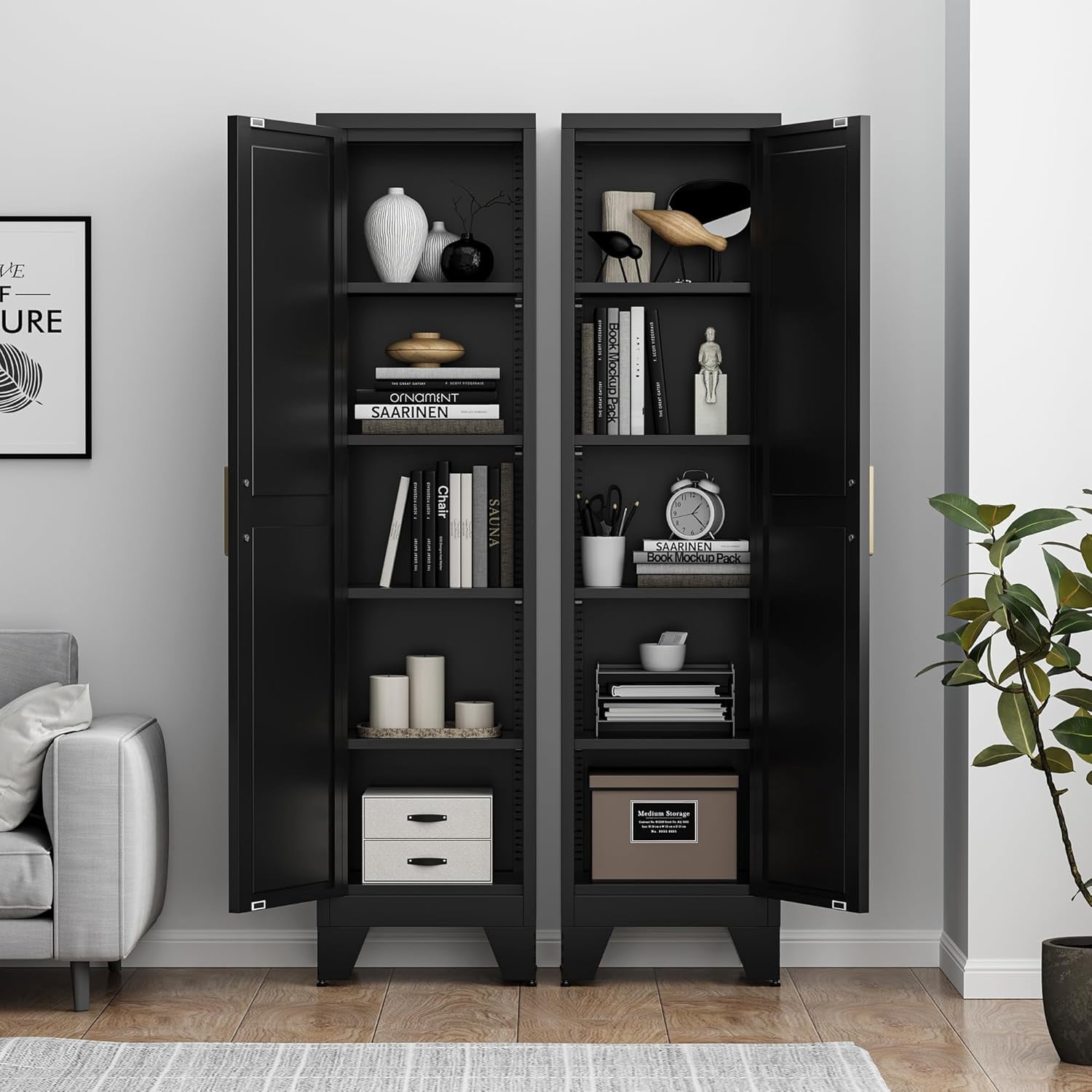Elegant 67"H Tall Bathroom Cabinet,Narrow Metal Storage Cabinet with 5 Adjustable Shelves and Single Barn Door for Bathroom,Kitchen,Entryway,Black