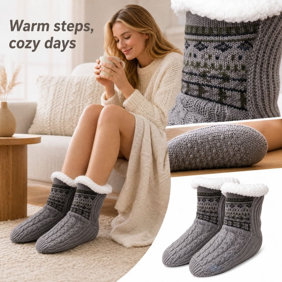 Lumtrix Women and Men Fuzzy Slipper Socks Fluffy Winter Soft Warm Plush Fleece Boot Indoor Floor Grippers Socks, Thick Heavy Thermal Lined Sherpa Socks Cozy Gift Gray S