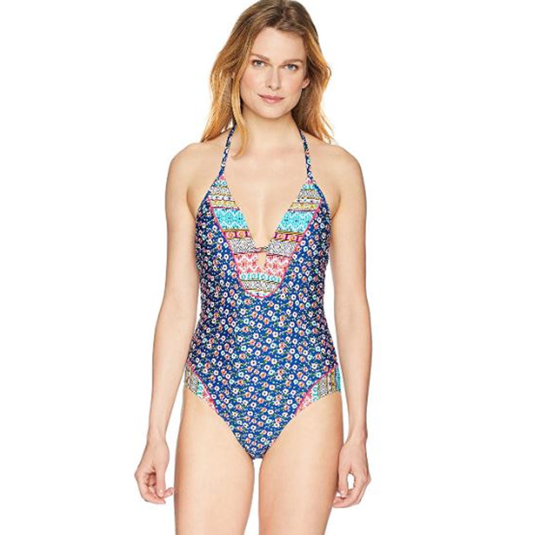 Laundry by Shelli Segal One Piece Swimsuit Plunging Halter Printed Tassel Tie Swimwear Blue Small 