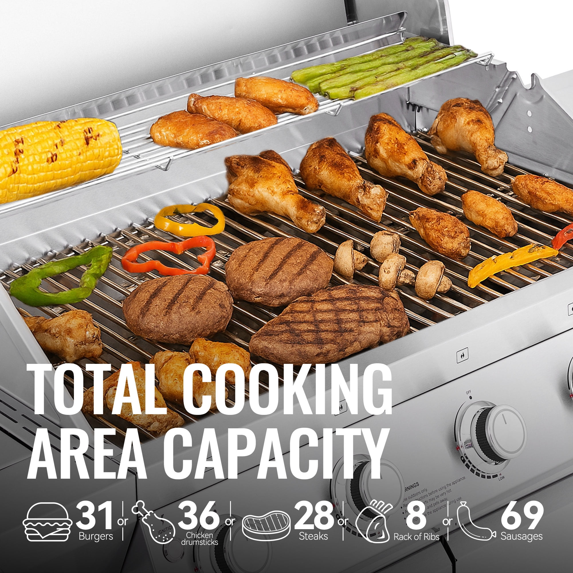 Royal Gourmet GEA5001S Deluxe Stainless Steel 5-Burner Gas Grill, With Infrared Side Burner,Cabinet Style Grill for Outdoor Grilling and Backyard Cooking, Silver