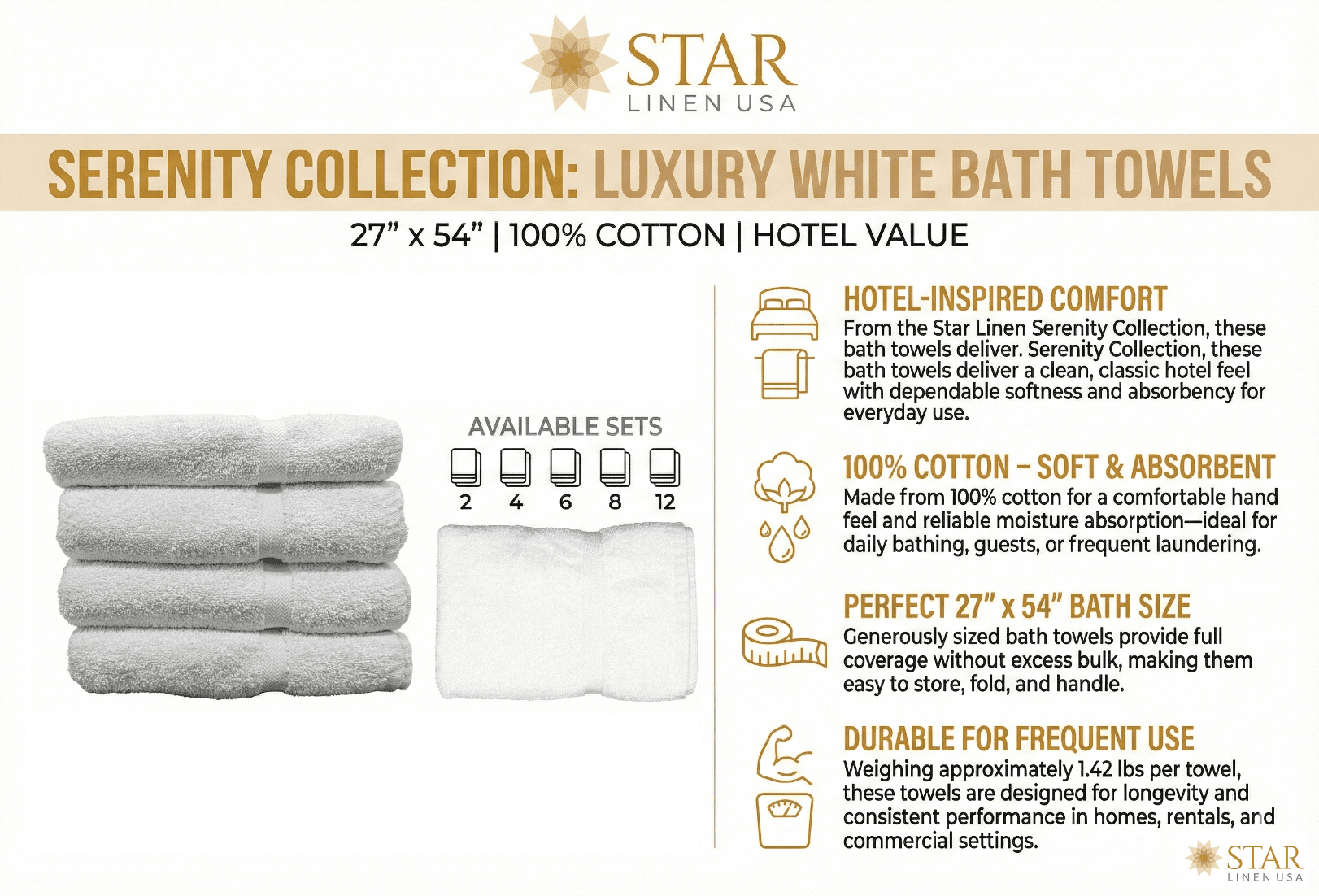27" x 54" White Bath Towels 100% Cotton Hotel Value Towels (2)