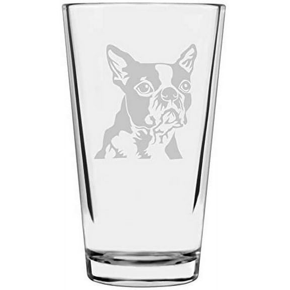 Boston Terrier Dog Themed Etched All Purpose 16oz Libbey Pint Glass