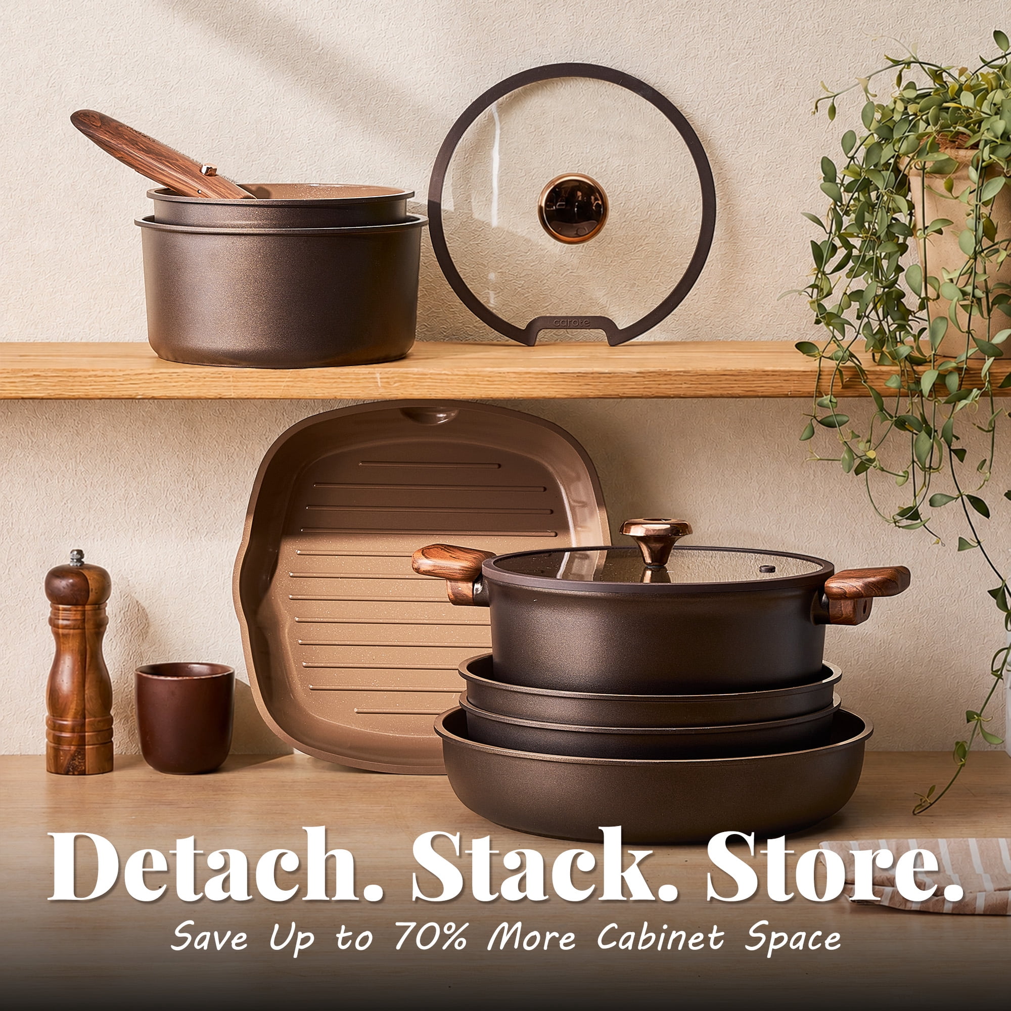 Carote 24pc Detachable Cookware Set, Chocolate, Ceramic Nonstick, Die-Cast Aluminum