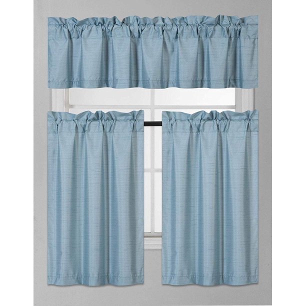 Solid 3Piece Room Darkening Kitchen Window Curtain Set (Teal