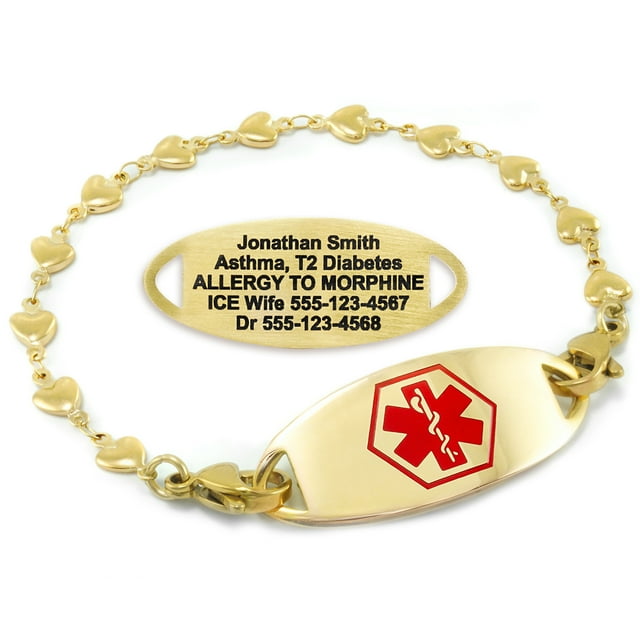 MedicEngraved Yellow Gold Stainless Steel Custom Medical Alert Bracelet - 5mm Heart Link