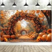 7x5ft Fall Photography Backdrop Autumn Forest Scenery Maple Leaves Pumpkins Sunflowers Arched Flower Door Photography Background Fall Farm Harvest Thanksgiving Day Party Photo Studio Props