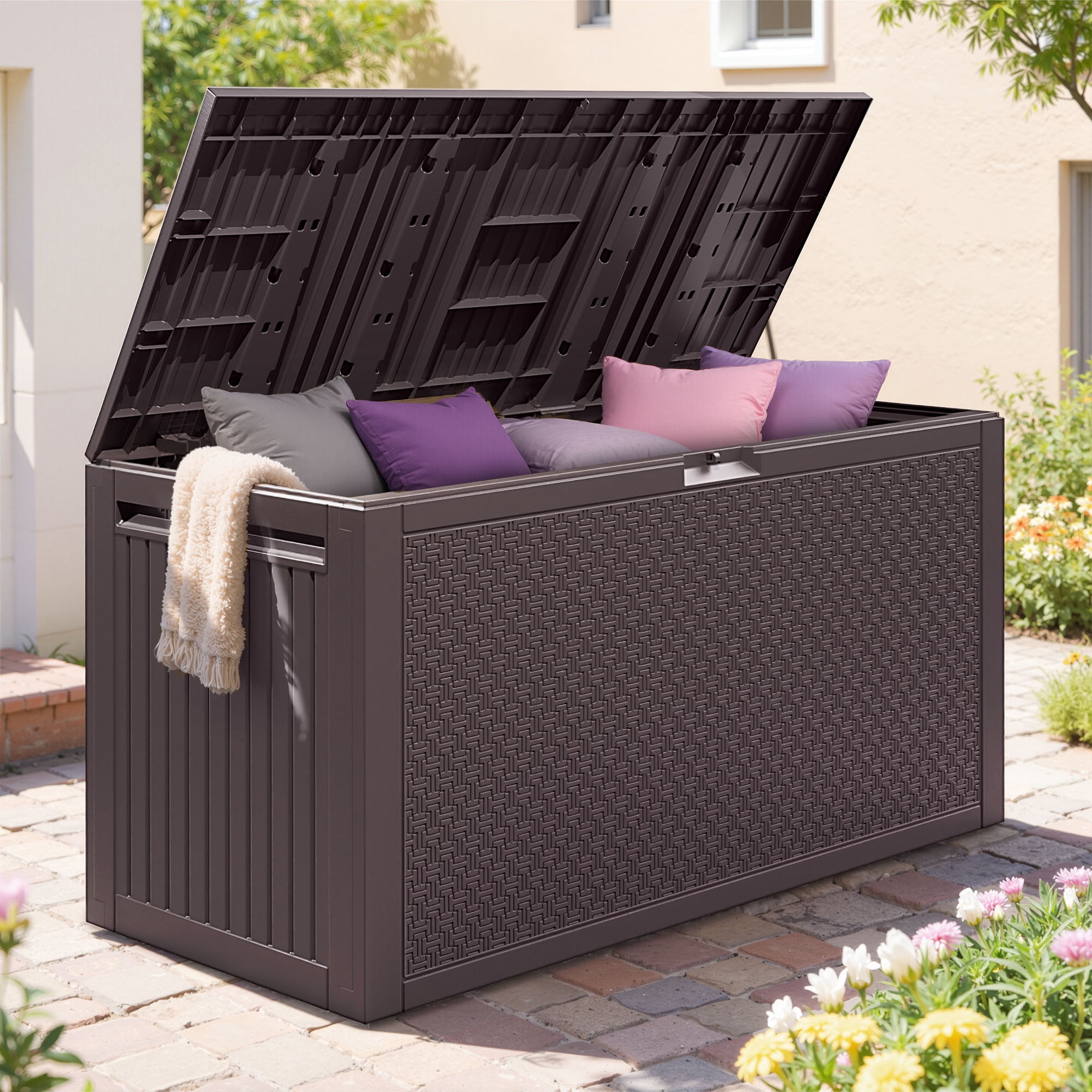 Seizeen Deck Box, Outdoor Storage Box Waterproof, Plastic Storage Bench for Porch Paito, 90Gal Large Resin Patio Storage for Pillows Cushions Garden Tools, Red Brown