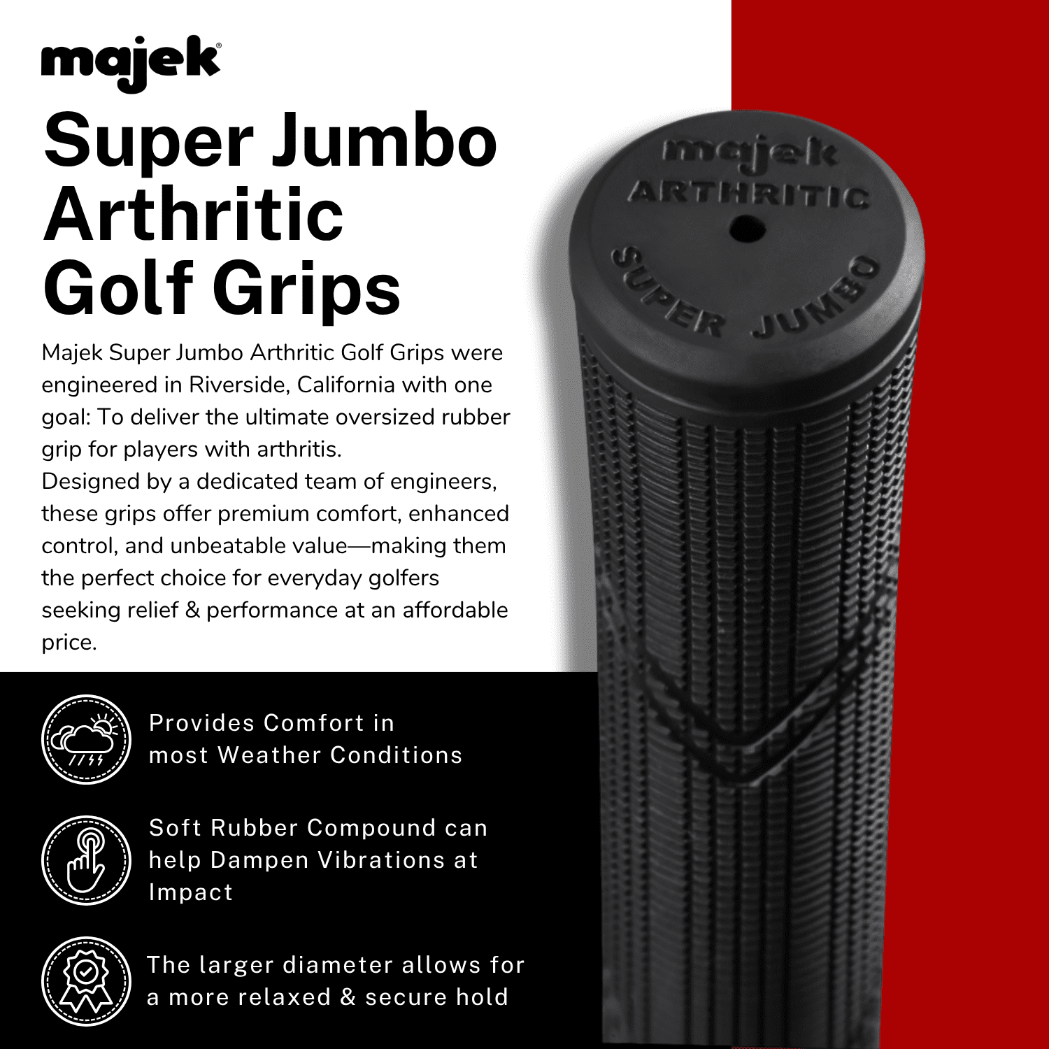 Majek Golf Club Grips- Super Jumbo Arthritic Extra Large Tour 360 Degree Black - NO LOGO - Round .600 Extra Large XL XXL Great for Tall Golfers with Big Hands - Premium Rubber Golf Grip - 3 Pack
