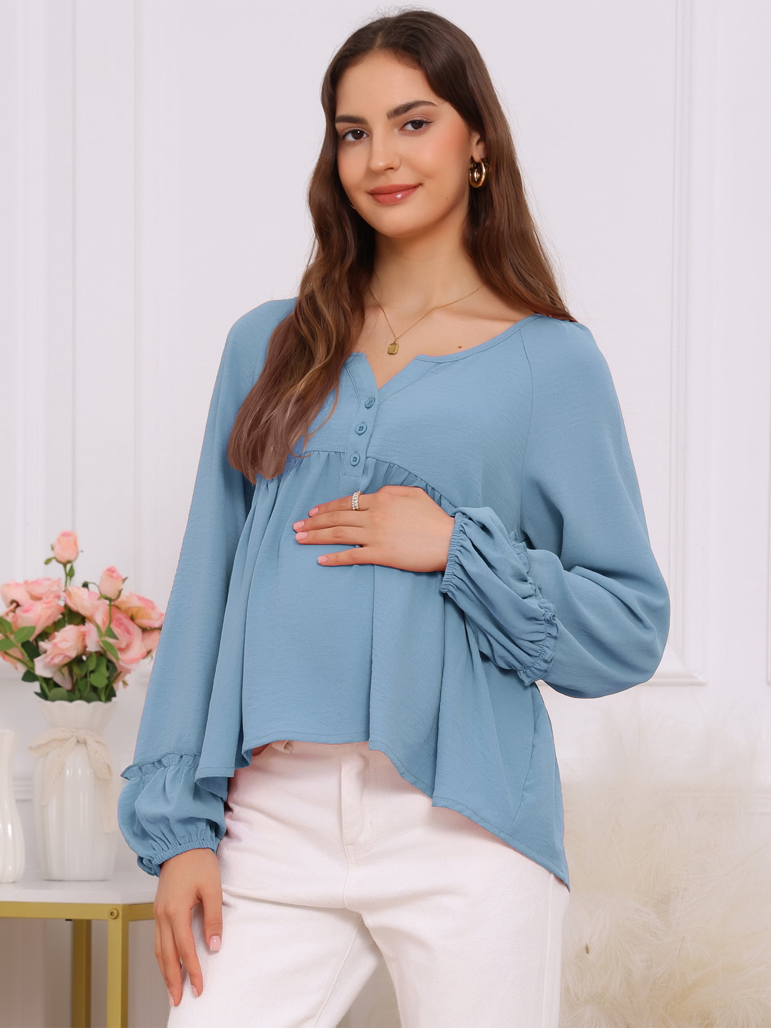 DARING DIVA Women's Maternity Empire Waist Babydoll Lantern Sleeve Blouse 2XL Blue