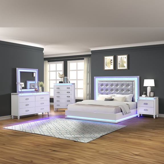 Passion Queen 4 Pc LED Bedroom Set Made with Wood in Milky white