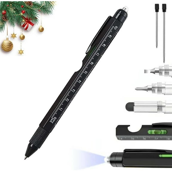 One Pen Nine Functions-Christmas Gifts for Men, 9-in-1 Multi Tool Tech Pen, Metal Ballpoint Pens with Ruler Touch Screwdriver LED Light Screwdriver Opener, Unique Gadget Pens(Black)