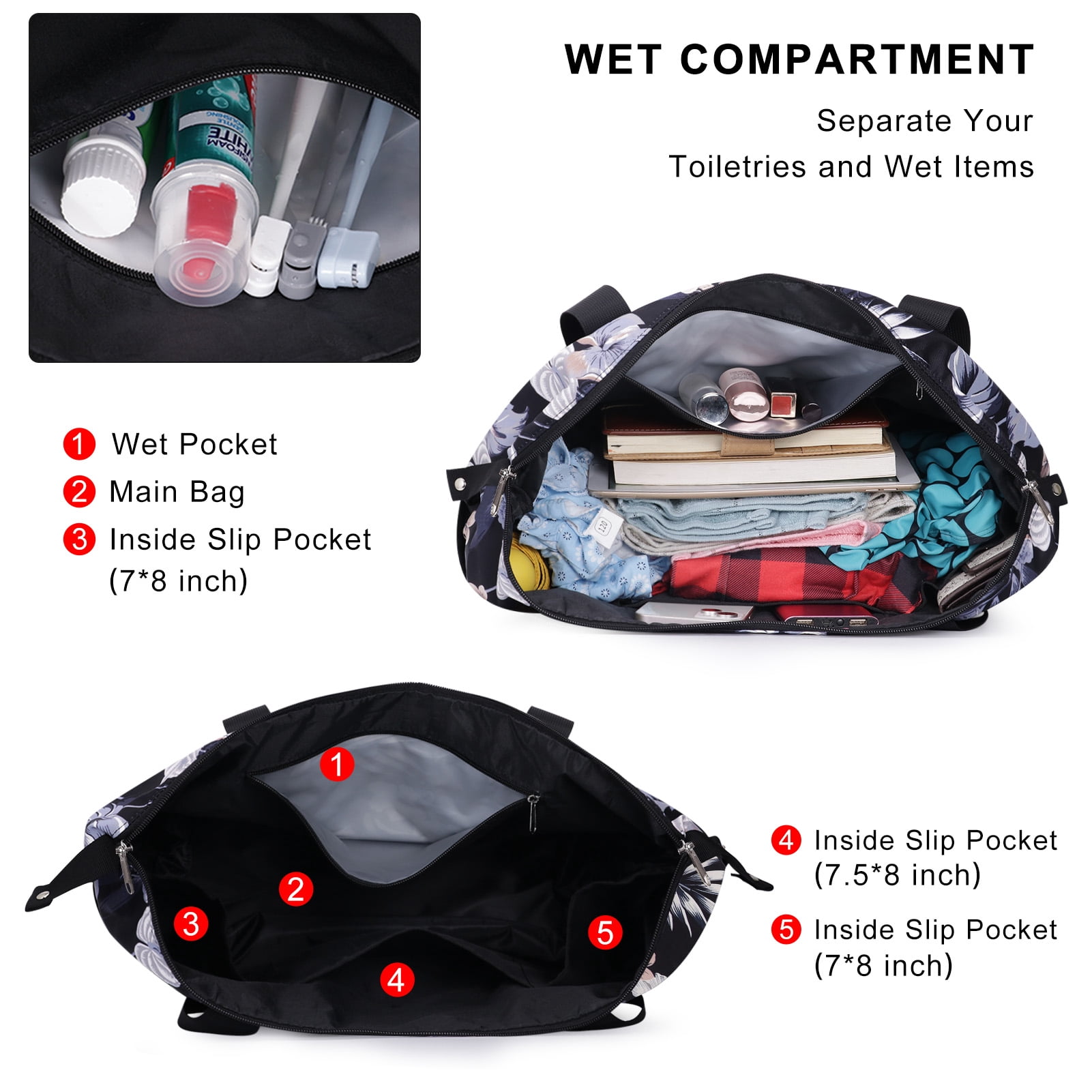 HAWEE Expandable Duffel Bag for Women with Trolley Sleeve and Wet Pocket Water Repellent Weekender Travel Tote Large Capacity Carry On Overnight Luggage for Gym/ Trip/ Camping/ Beach, Hibiscus