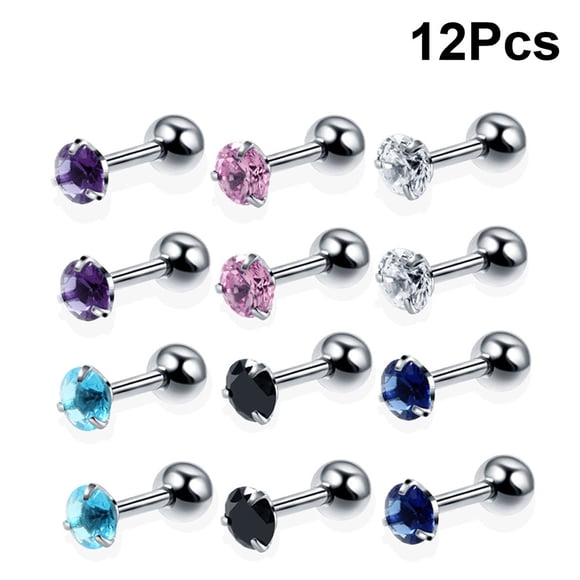12pcs Stainless Steel Barbell Ear Studs for Cartilage Tragus Helix Piercing with Multicolor Zircon Assortment