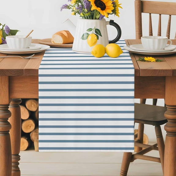 Burlap Table Runner 36 Inches Long, Light Blue White Pinstriped Non-Slip Kitchen Table Runners for Dining Room Everyday Use Party Table Decorations Classic Geometric Striped
