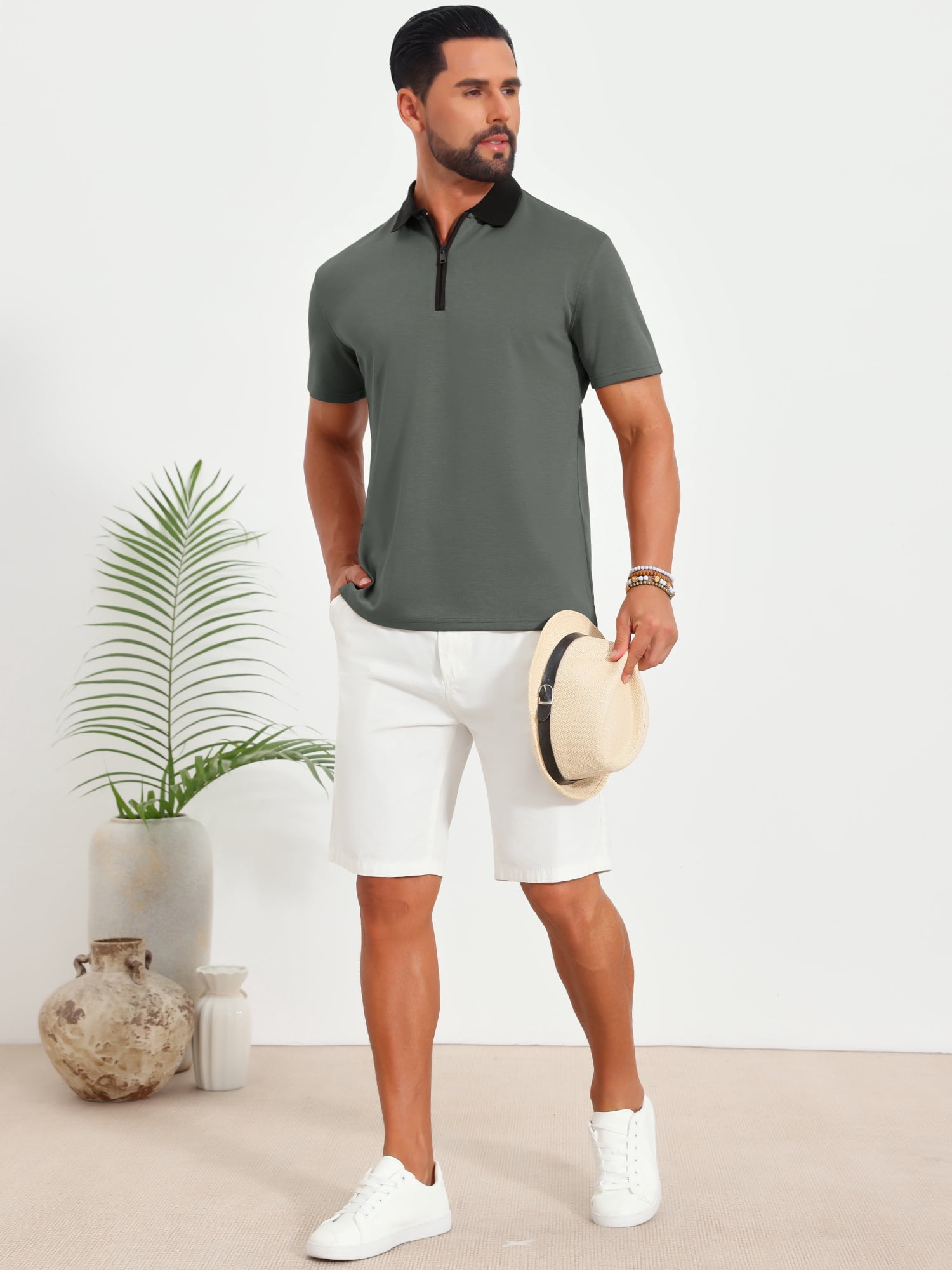 DARING DIVA Men's Zipper Closure Colorblock Short Sleeve Basic Polo Shirt M Dark Gray