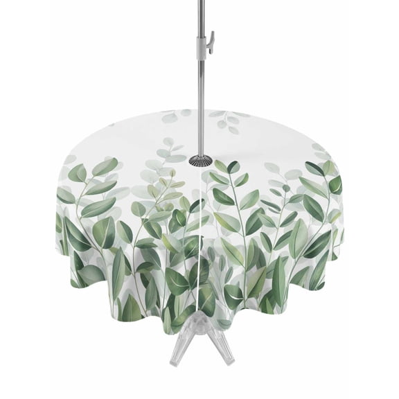 Outdoor Tablecloth with Umbrella Hole and Zipper, Spring Emerald Green Eucalyptus Round Table Cloth 60 Inch Waterproof Tablecloth, Botanical Leaf Country Picnic Table Cover for Patio Camping