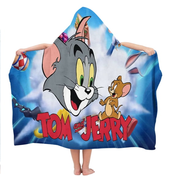 Tom and Jerry Hooded Kids Beach Towels Toddler Microfiber Bath Hat Swim Cover-ups Poncho Absorbent Pool Wrap